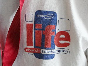 Logo on greeter's t-shirt - Life Church, Southampton